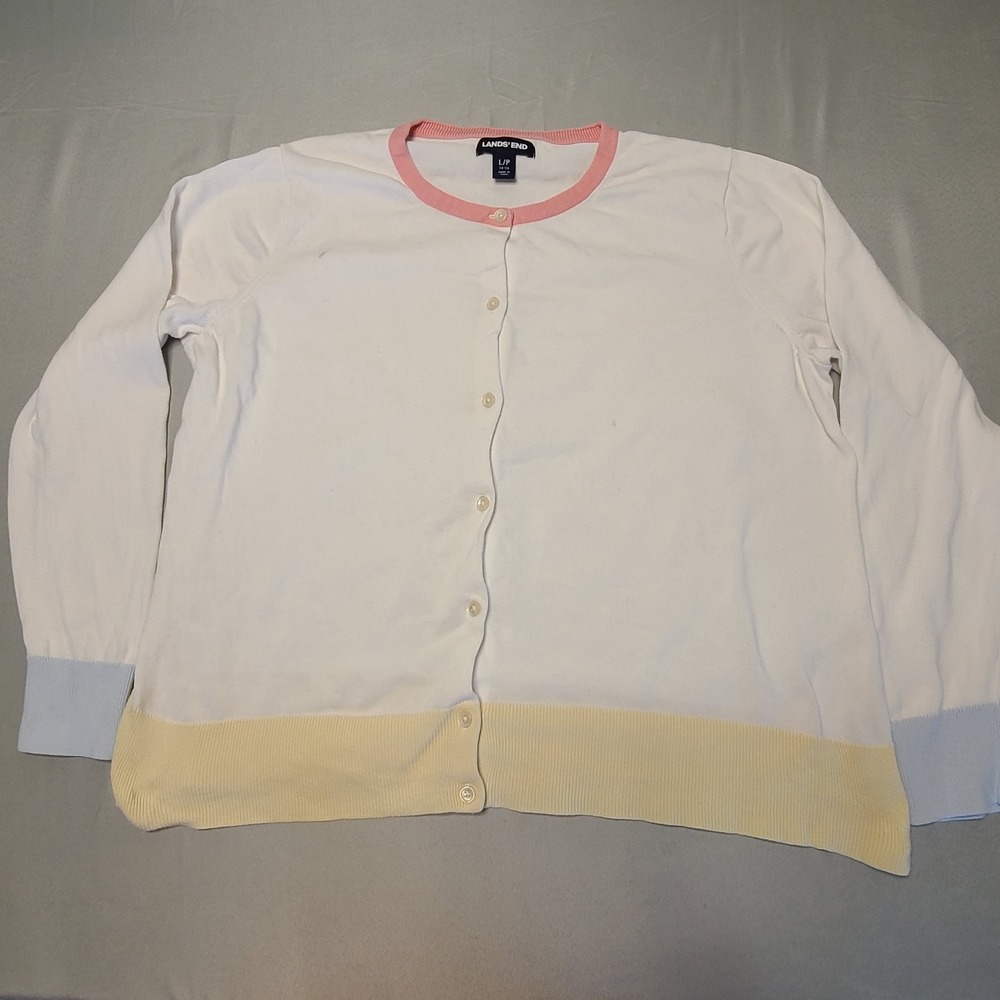 Lands' End Cardigan Women‎ L/P White Pink Blue Yellow Colorblock Cotton Sweater